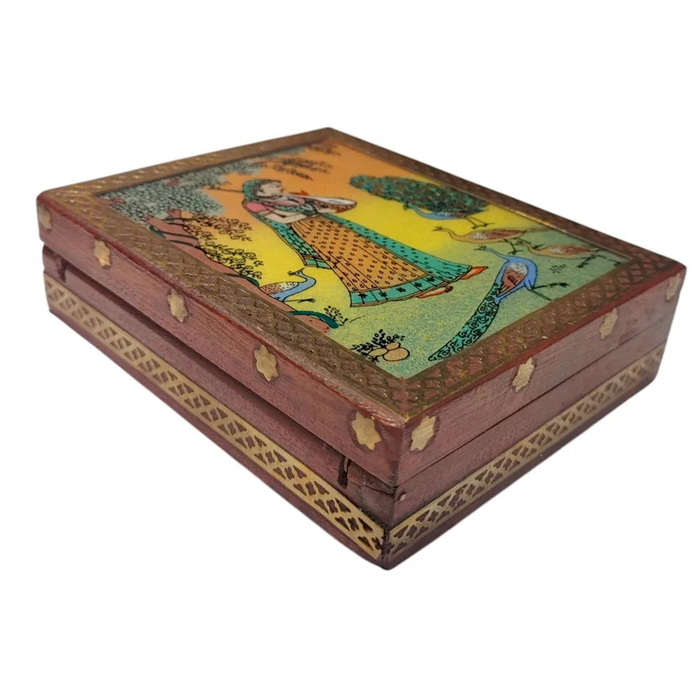 Vintage Indian Wooden Trinket Jewelry Box with Reverse Glass Painting Lid